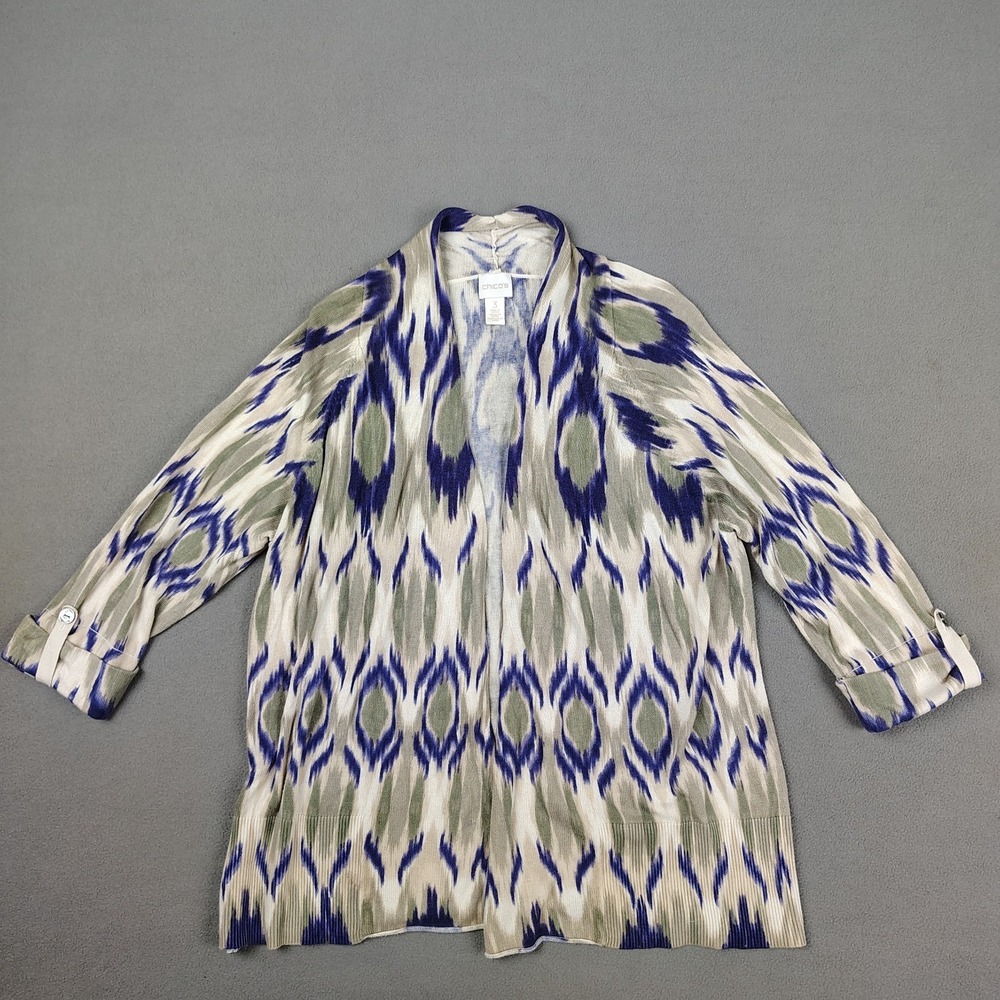 Chicos Size 3 Open Front Cardigan ¾ Sleeve Artsy Cotton Blend Lightweight Travel